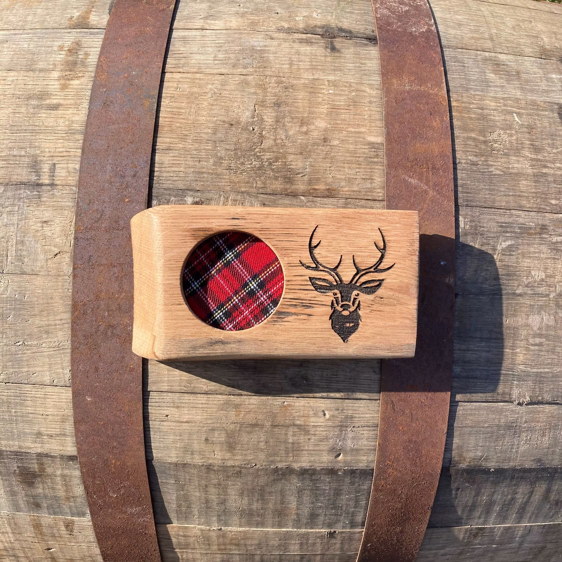 Whisky Glass Tray Made From Barrel With Stag Head Engraving, Scottish Gift, Lover Gift, Whiskey Gift For Him, Scotland