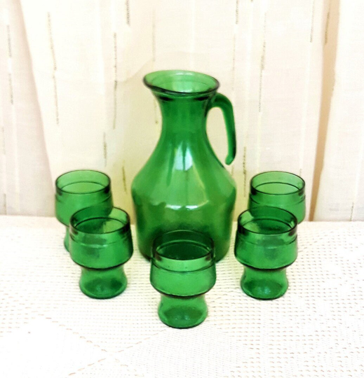 Vintage Italy 1960S Set Of 5 Green Glass Tumblers Wine Glasses Water Iced Tea & Pitcher Glass Texture Like The Tree Tableware Court