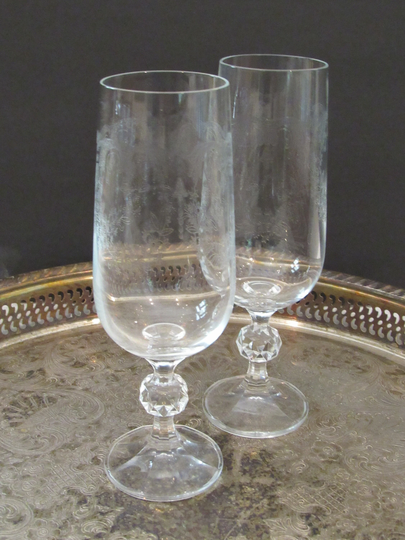 Vintage Heavily Etched Crystal Champagne Flutes Set Of 2 Toasting Glasses