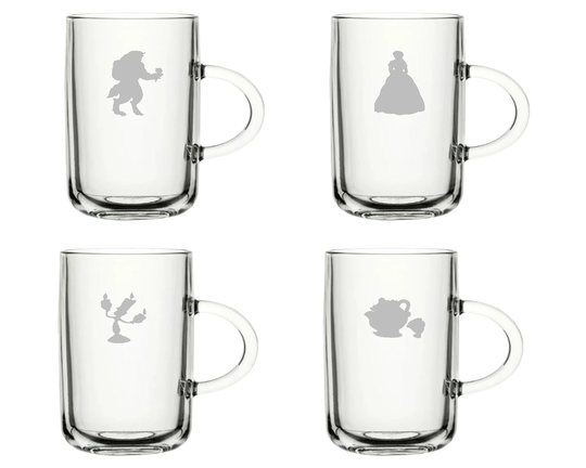 Beauty & The Beast Belle, Mrs Potts, Lumiere Personalised Set Of 4 Tea Glasses Mug Coffee Glass - Hand Etched Glass, 14