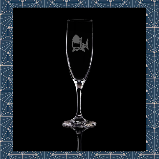 Great White Shark Engraved Flute Prosecco Glass. Beautiful Etched Personalised With Name. Design Won't Wear Off Like Vinyl.166