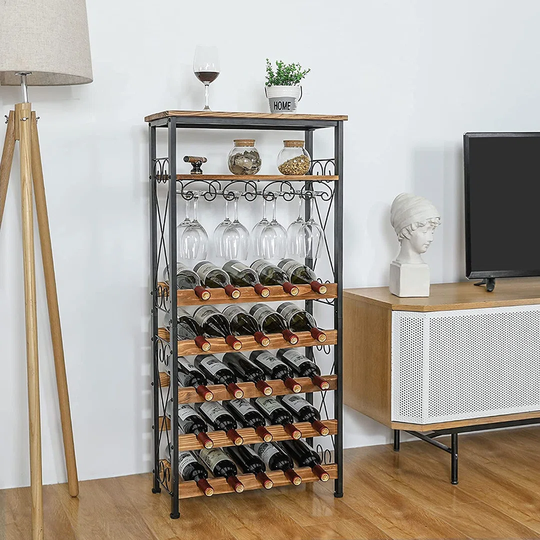 Floor Wine Rack 25 Bottles With Wine Glass Holder Rack, Freestanding Wine Rack With Table Top And Open Shelf, Wobble-Free Wine Bottle Organizer Shelf,