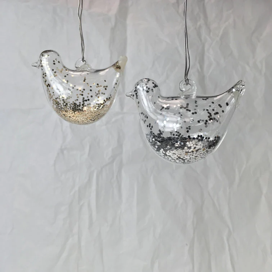 Silver Gold Glitter Glass Bird Hanging Decoration - Christmas Tree Ornament Gift Anniversary Wedding Valentine's Winter Wonderland Festive