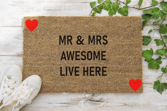 Mr & Mrs Awesome Live Here 70 X 40cm Internal Coir Door Mat, Hand Made in The UK