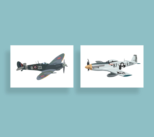 World War 2 Planes Poster, Spitfire, Mustang