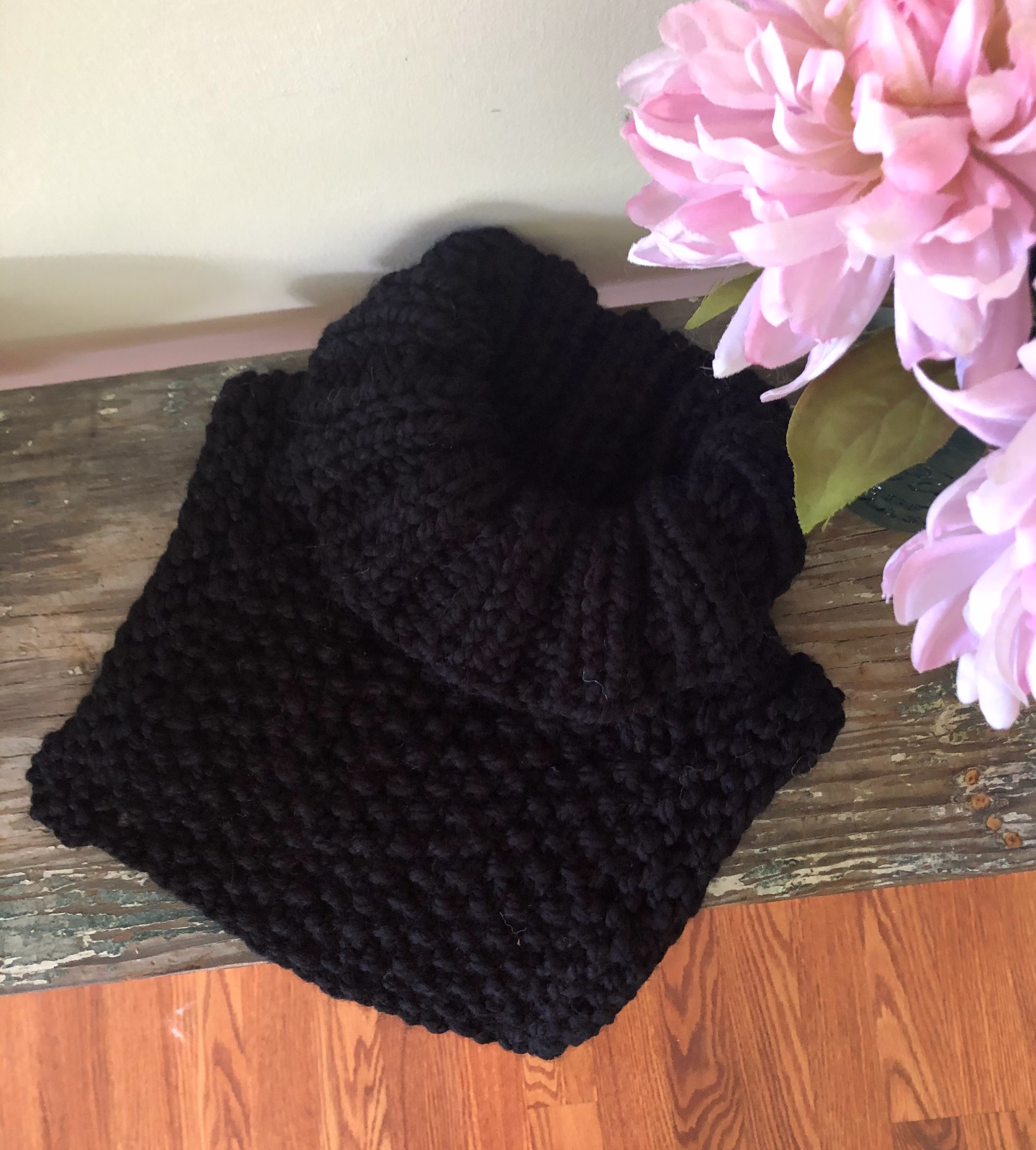 Black Chunky Knit Cowl Dickie Folded Turtleneck Neck Warmer Slipover