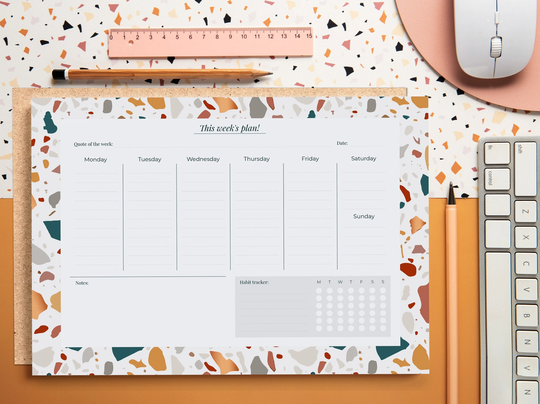 Terazzo Weekly Planner Pad | Cute Memo Pad With Daily Agenda & Habit Tracker Tear Off Notepad