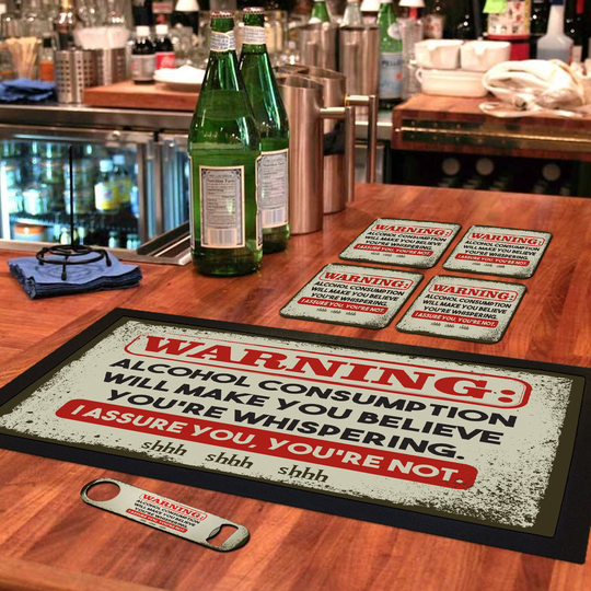 Bar Runner Mat, Matching Bottle Opener & 4 X Drinks Coasters Gift Set For Home Bars Pubs Garden Tiki - Bar-Run-Set-113