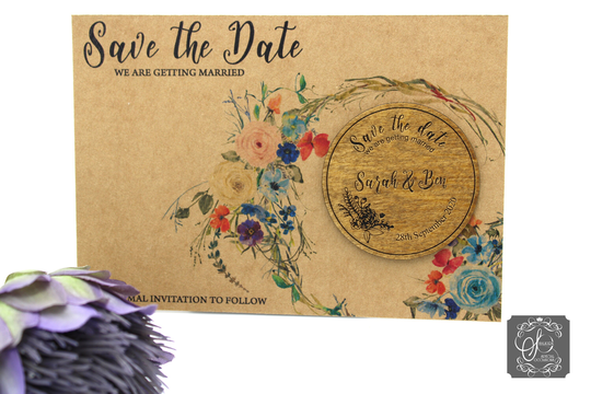 Wedding Save The Date Fridge Magnet Tones Of Blue Flower Wreath Bown Card Background