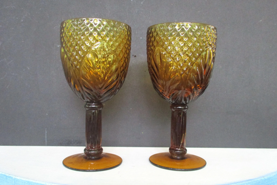 Vintage Amber Glass 2 Goblets, 12 Oz Beverages Glasses, Embossed Wine Goblets Made By America Living in China, 7