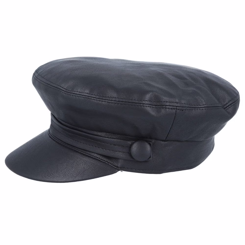 Fiddler Cap Leather Look Breton Fisherman Sailor Captains Cap.traditional Polish Peaked Newsboy Flat Black