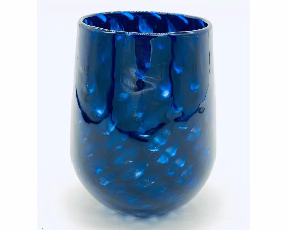 Hand Blown Glass Navy Blue Double Optic Stemless Wine Glass