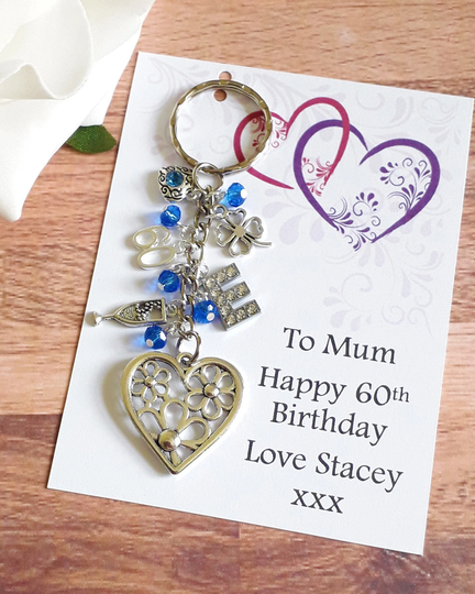 Blue Flower Heart Keyring - Birthday Gift For Her Mum Sister Nan Friend 16Th 18Th 21st 30Th 40Th 50Th 60Th 70Th 80Th