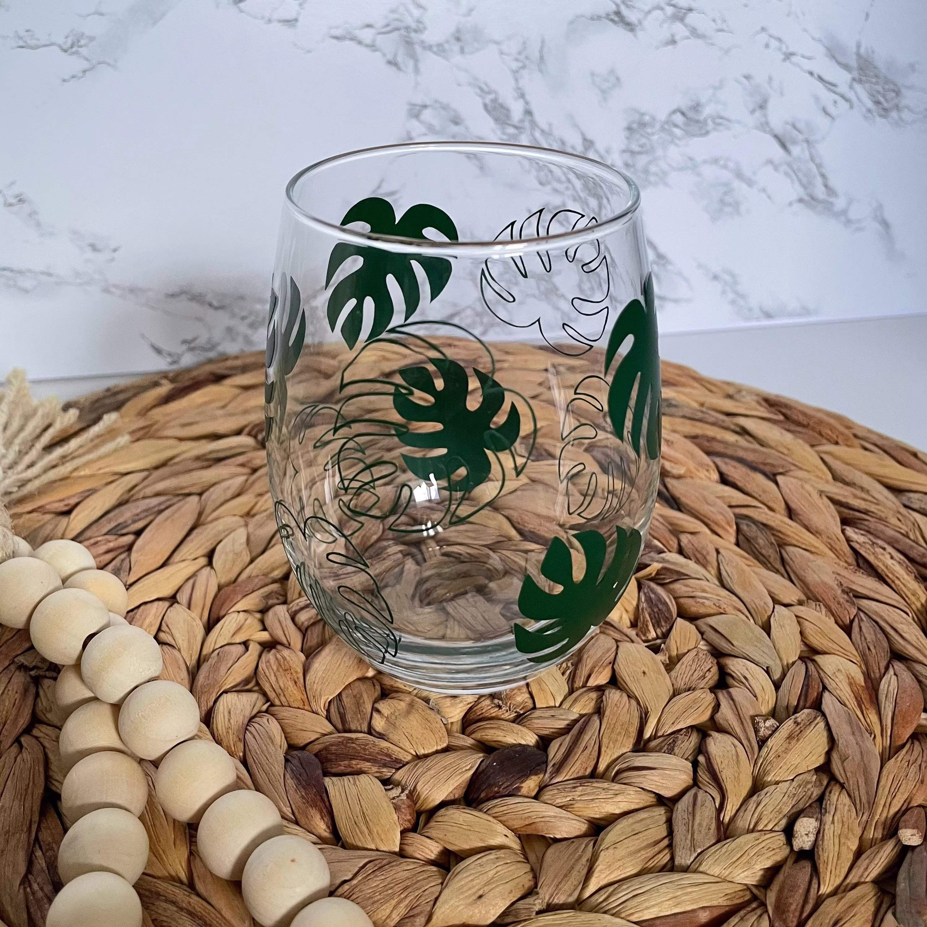 Monstera Leaves Stemless Wine Glass | Floral Gift For Her Cup Tumbler