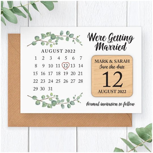 Personalised Eucalyptus Wedding Save The Date Fridge Magnet - Greenery Calendar Rustic Wooden Card