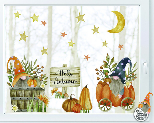 Cute Autumn Gnome Window Clings - Classy Halloween Moon Stars Pumpkin Leaves Decals Fall Decoration By Dizzy Duck