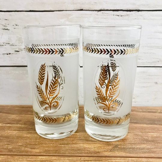 Set Of 2 Dominion Glass Highball Cocktail Glasses Tumblers Water Vintage 1960S Wheat Pattern Frosted Gold Mcm Mid-Century Modern
