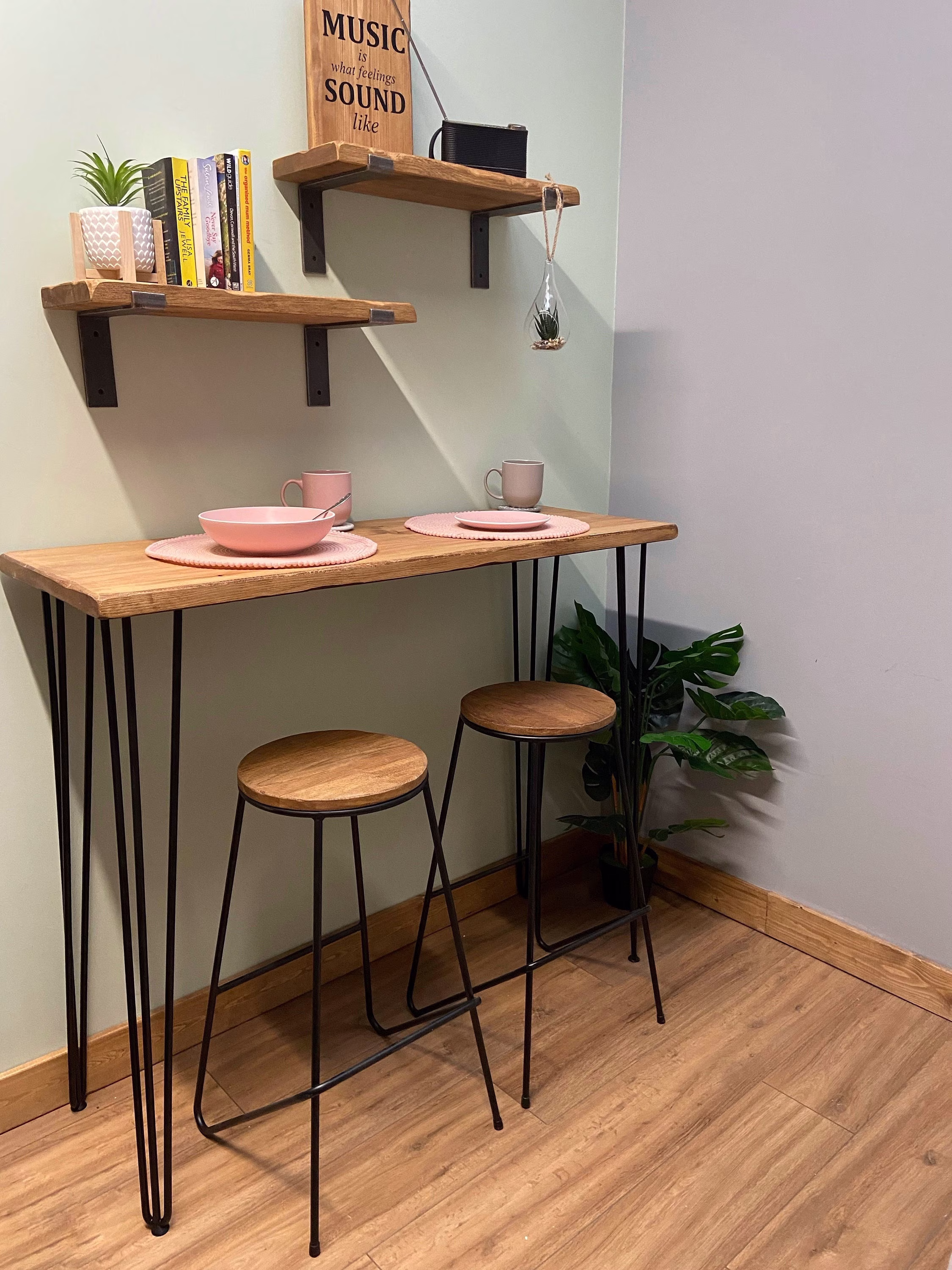 Set Of 2 Breakfast Bar Stools Industrial Vintage Solid Hard Wood High Counter Chairs