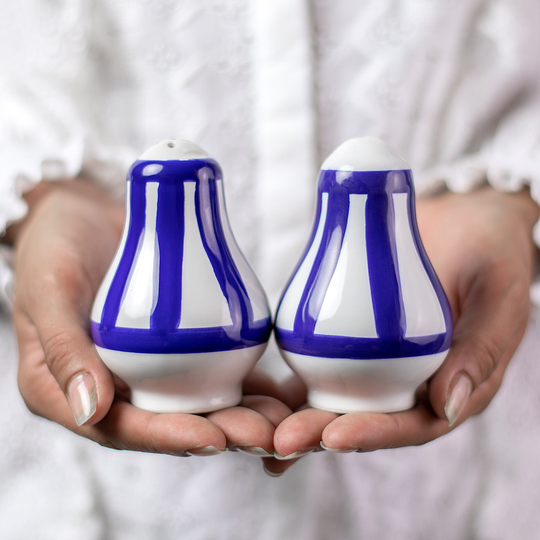 Salt & Pepper Shakers, Ceramic Cruet Set, Handmade Pottery, Navy Blue Stripe Pots, Country Cottage, Coastal Style, Housewarming Gift