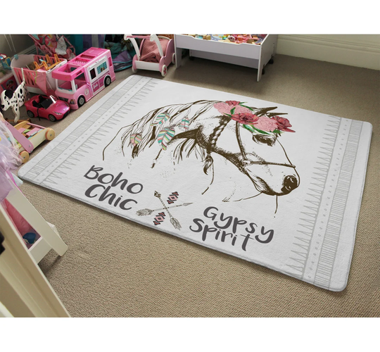 Dodson Horse with Flower Chic Designer Shaggy Pink/Grey Rug