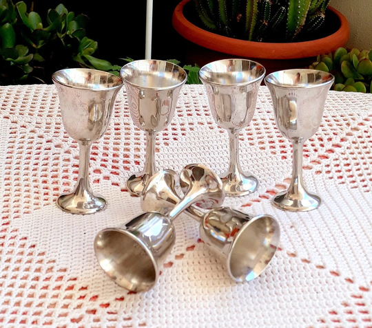 Set Of 6 Liqueur Glasses in Zinc , Silver Plated Vintage Italy Drinking Shot Table Decor Kitchen Tableware