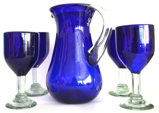 Set Of 1 Pitcher 80 Oz & 4 Blue Handblown Wine Glasses 14Oz