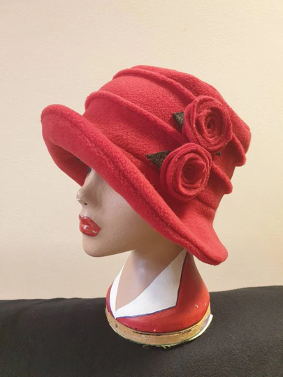 Flower Trimed Red Fleece Hat-Polar Lining-Downton Abbey Hat-Womens Winter Hat-1930's-Ladies Hat