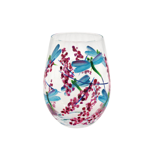 Stemless Gin Glass 500ml Hand Paint Copa Dragonfly Flower Design Floral Tumbler