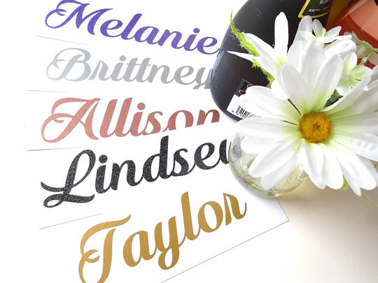5 Name Stickers, Glitter Names, Personalised Decal, Hen Party, Wine Glass Champagne Flute Calligraphy, Vinyl Lettering