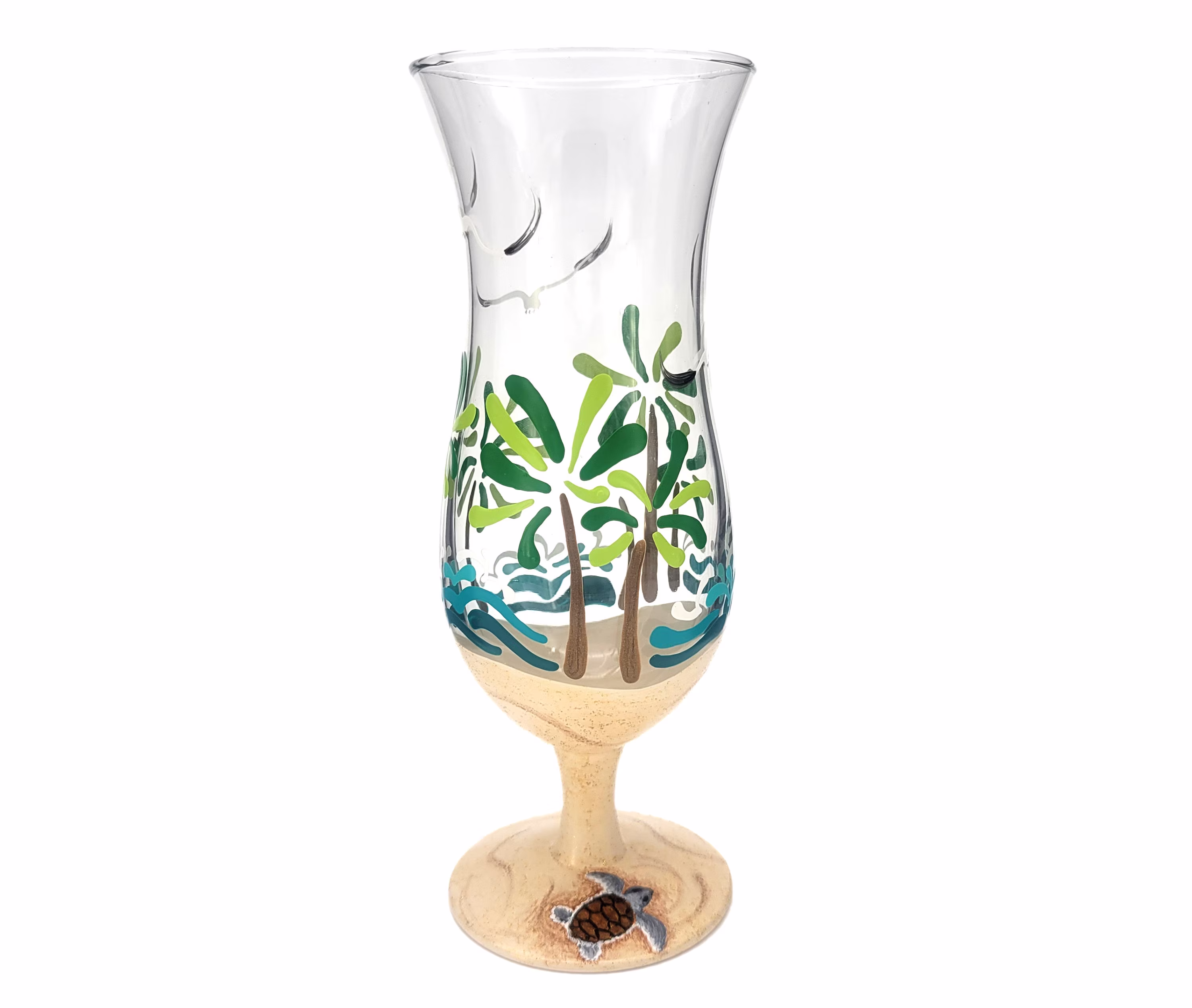 Tropical Scene Hurricane Glass - Hand Painted Beach, Sea Turtle, Palm Trees, Seagulls Daiquiri, Cocktails 15 Ounce