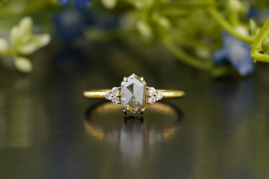 Salt & Pepper Diamond Wedding Ring, Gray Moissanite Hexagon Cut Engagement Cluster Solitaire Art Deco Ring For Women