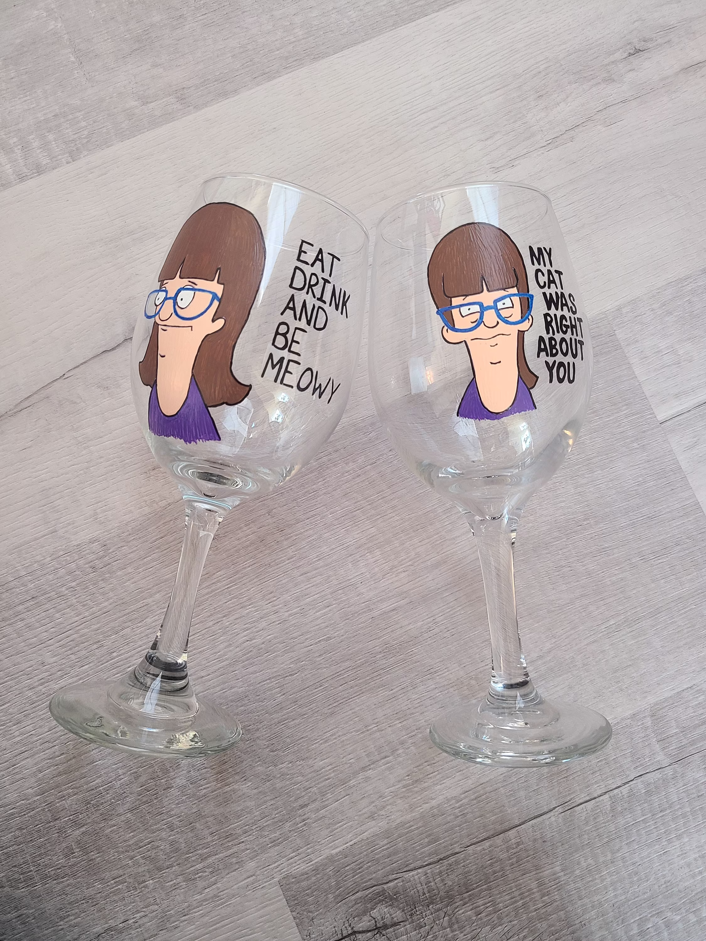 Bob's Burgers Set Of 2 Hand Painted Aunt Gayle Wine Glasses/Bob Belcher, Linda Tina Gene Louise Belcher