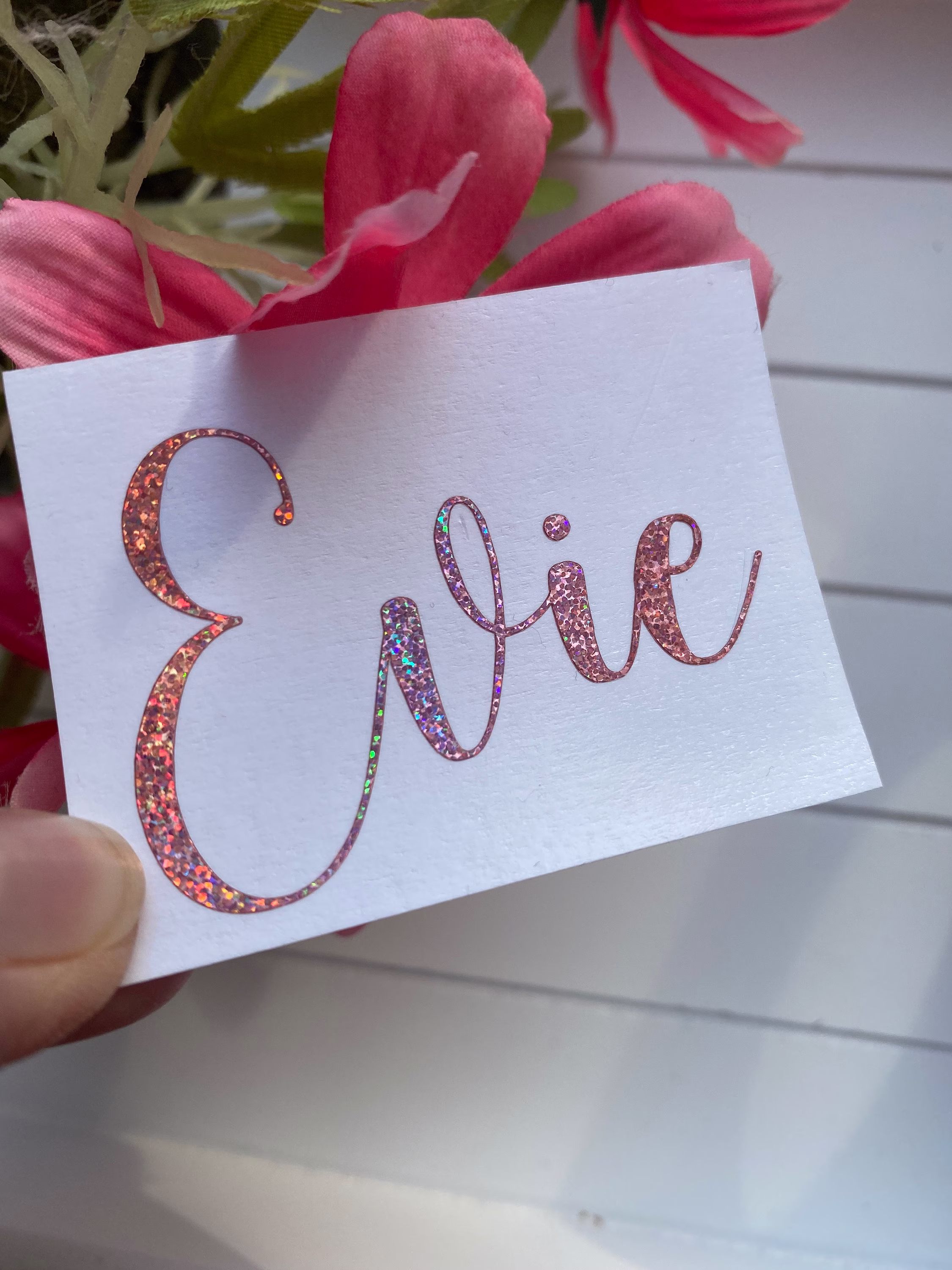 Personalised Glitter Vinyl Stickers, Name Sticker Rose Gold Decal, Custom Bottle, Glass, Bauble, Wedding, Hen Party, Jar, Christmas