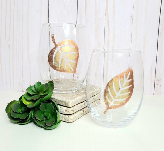 Fall Leaves Glass Set, Alcohol Ink Wine Glass, Autumn Gift, Metallic Leaf Stemless Barware, Lover Hostess Gift