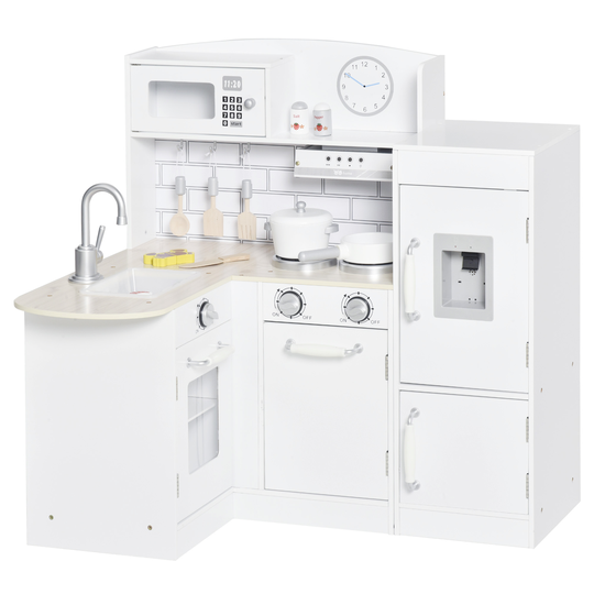 HOMCOM Kids Play Kitchen Wooden Toy Kitchen Cooking Set for Children w/ Drinking Fountain Microwave & Fridge White | Aosom Ireland