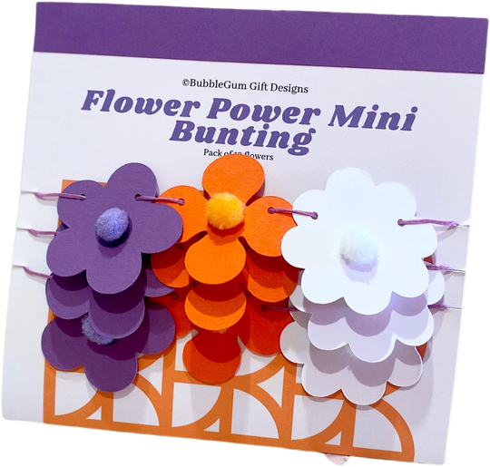 Flower Power Mini Bunting Purple Daisy, Deep Orange Pansy & White Blossom 70's Decor Groovy Floral