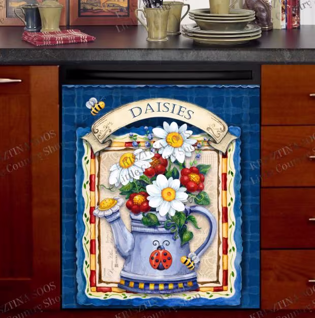 Kitchen Dishwasher Magnet Cover - Frontier Woman Watering Can With Daisies
