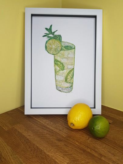 Mojito Cocktail Glass -Free Motion Embroidery -Textile Art Illustration - Wall Art- Gift For Lover