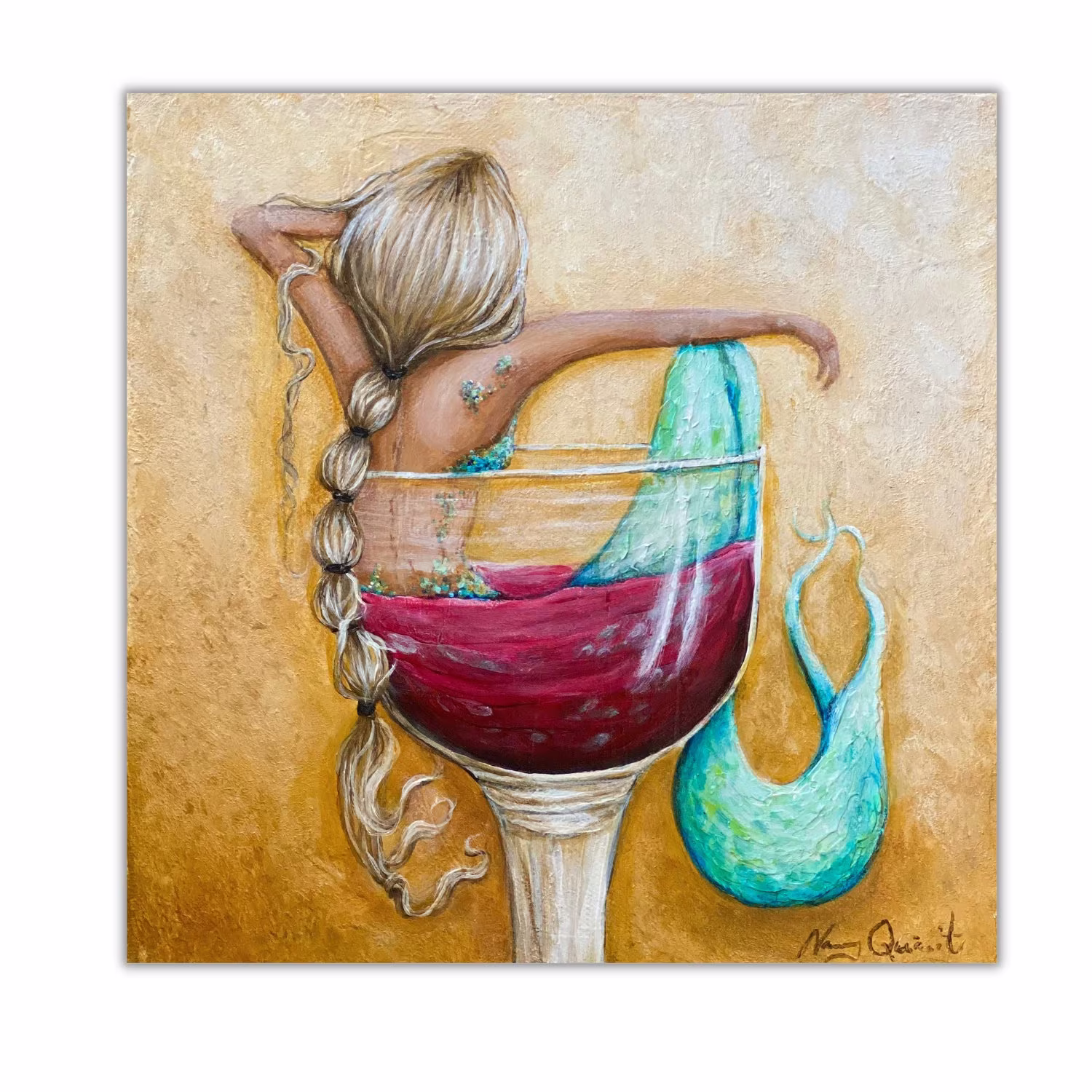 Blonde Mermaid in Wine Glass Art, Beach House Wall Decor, Coastal Kitchen