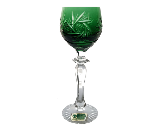 Vintage Emerald Green Cordial Hock Glass Cut-To-Clear 24% Lead Crystal Schleuderstern Pinwheel Lusatian Lausitzer Glas Brandenburg Germany