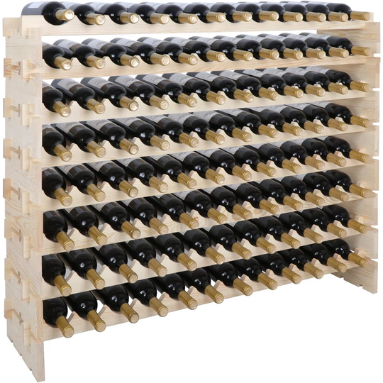 96 Bottle Stackable Modular Wine Rack Wooden Wine Storage Rack Free Standing Wine Holder Display Shelves, Wobble-Free, Solid Wood, (8 Row, 96 Bottle C