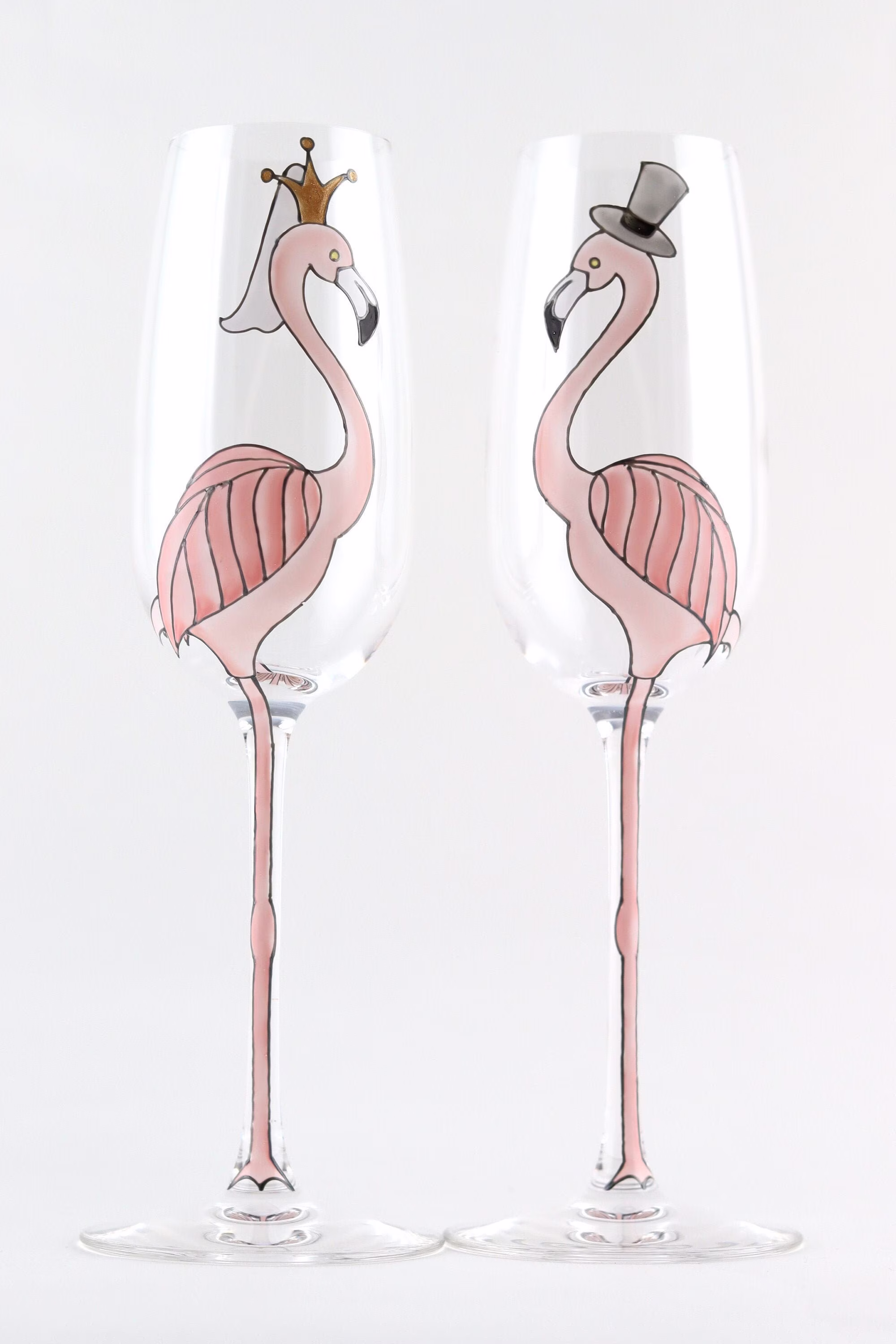 Pair Of Bride & Groom Flamingo Champagne Flutes