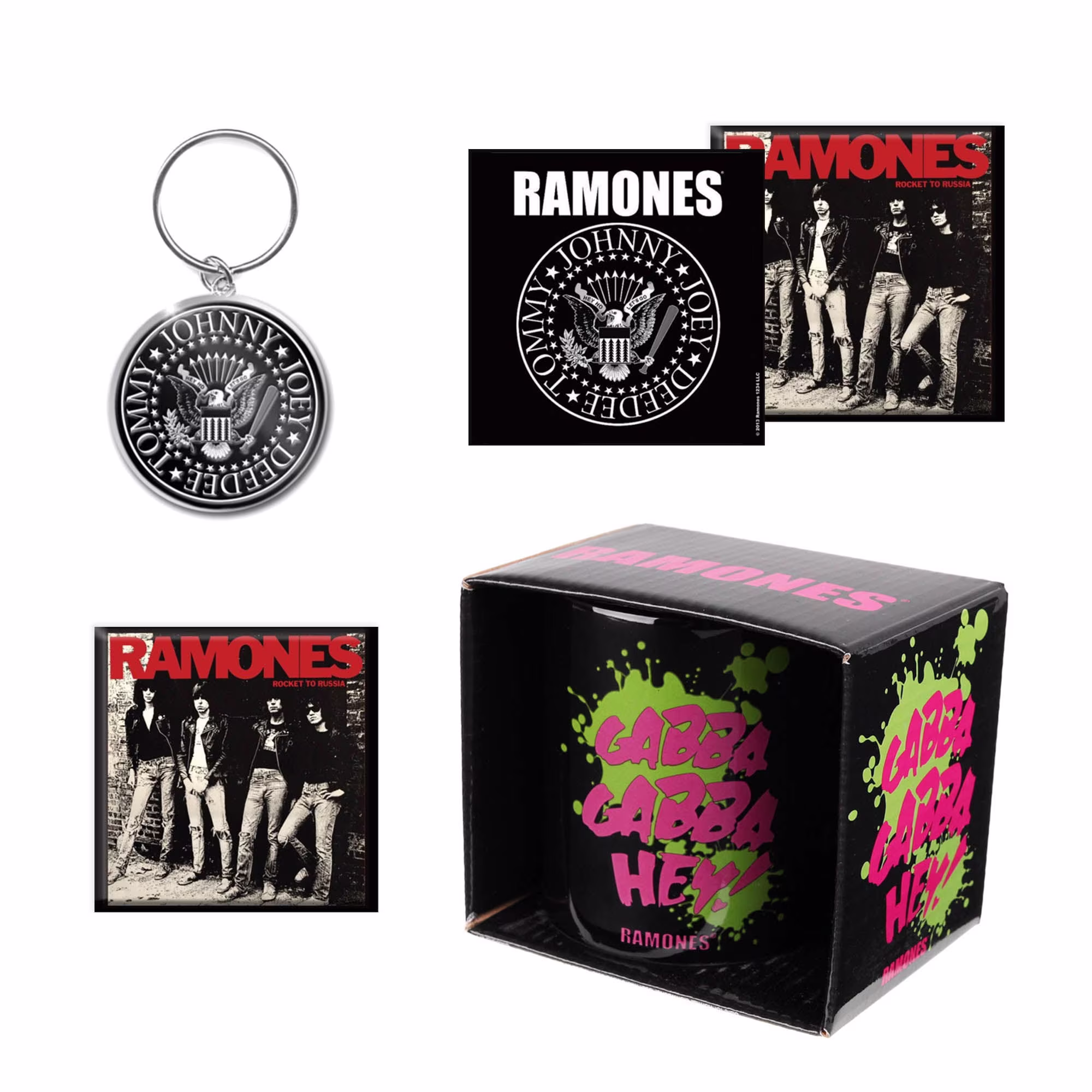 Ramones Gift Set With Boxed Coffee Mug, Keychain, Fridge Magnet, 2 X Drinks Coasters