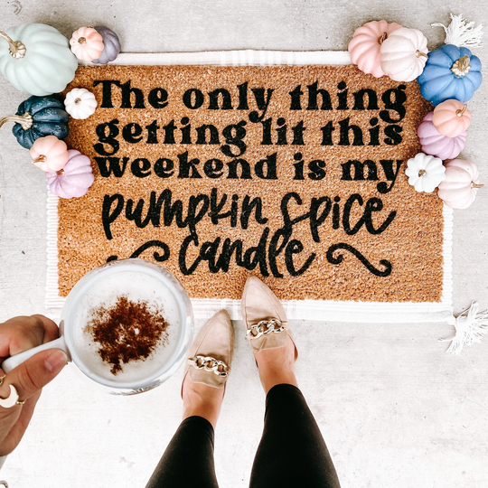 Lit Pumpkin Spice Candle Fall Doormat, Bloom Into Beautiful Welcome Mat, Funny Outdoor Farmhouse Decor, Housewarming Gift