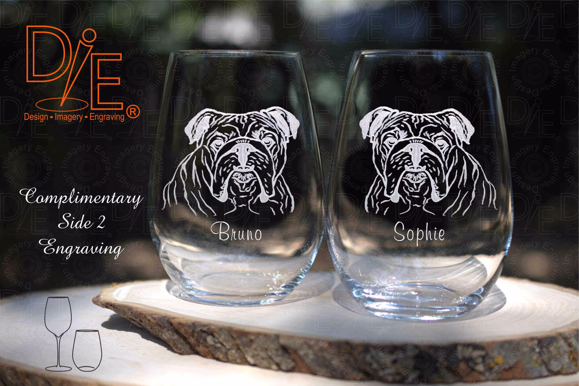 English Bulldog Wine Glass Set Of 2 Offered in Stemmed Or Stemless Glasses Crystal