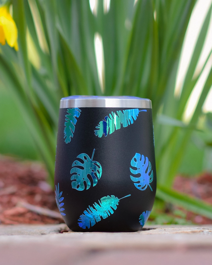 Black Insulated Wine Tumbler Leaf Print | Holographic Leaf Wine Tumbler Mother's Day Nature Boho
