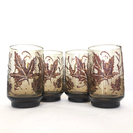 4 Vintage Dominion Smokey 10Z Glasses Enamelled Maple Leaf Design - Retro Barware