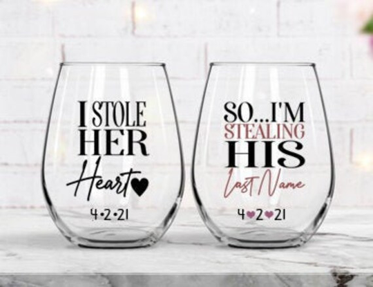 Engagement Gift For The Couple, Gifts, Just Engaged Glasses, I Stole Her Heart, I'm Steeling His Last Name