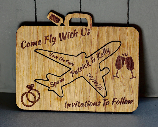 Wooden Destination Wedding Magnetic Save The Date, Oak Or Birch, Abroad, Travel Bag Style Suitcase, Come Fly With Us, Rustic Invitations