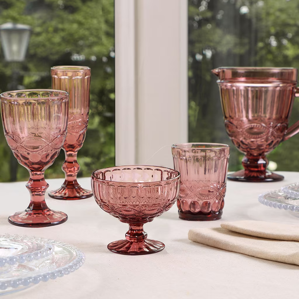 Amethyst Pink Glassware Collection Dishwasher Safe Vintage Style Baroque Embossed Pitcher Jug, Wine Goblets, Drinks Tumblers, Bowls & Flutes